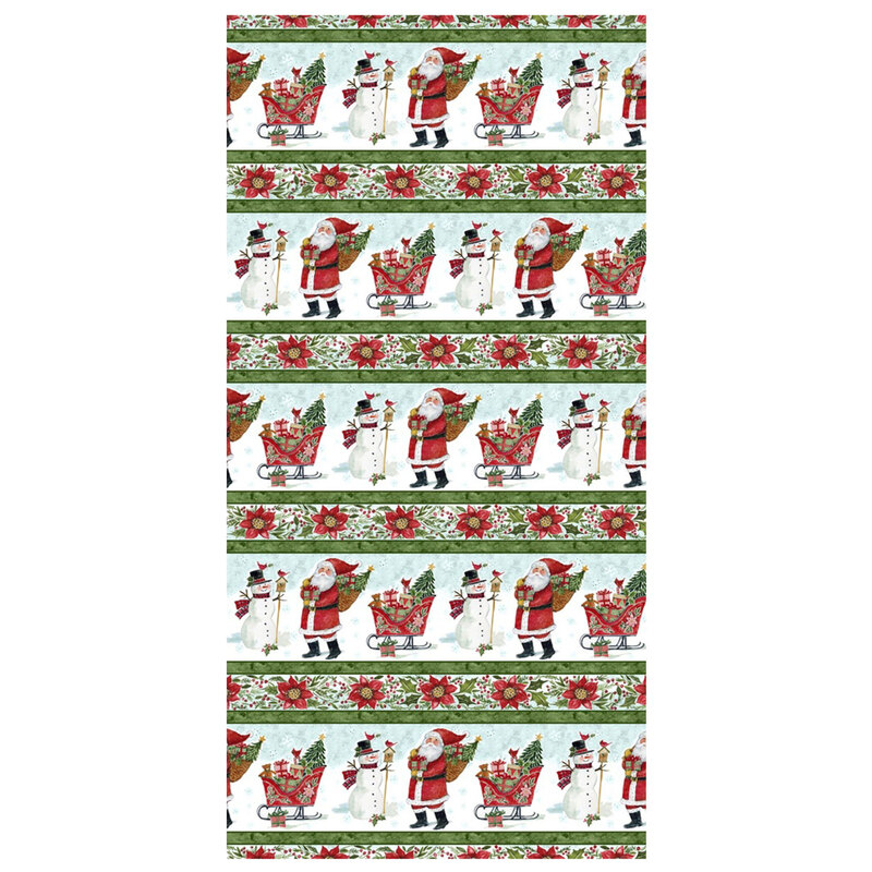 Mottled and multicolor border stripe fabric featuring a snowman, sleigh, and Santa Clause alternating with rows of poinsettia garlands.
