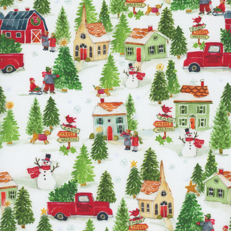 White fabric featuring a snowy, country Christmas village of small houses, decorated trees, snowmen, and red trucks.
