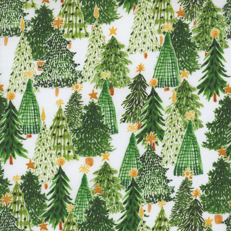 Festive evergreen trees topped with golden yellow stars on a white background.