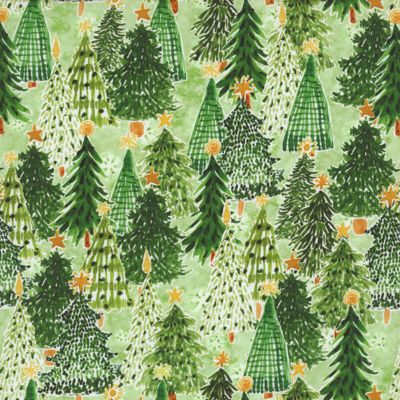 Festive evergreen trees topped with golden yellow stars on a mottled green background.