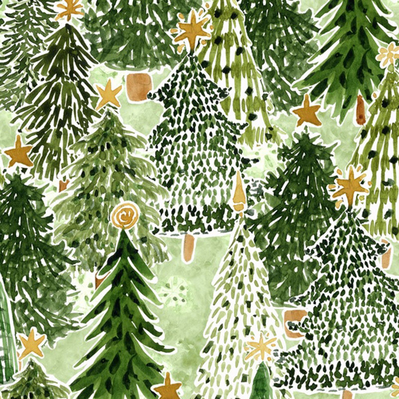 Festive evergreen trees topped with golden yellow stars on a mottled green background.