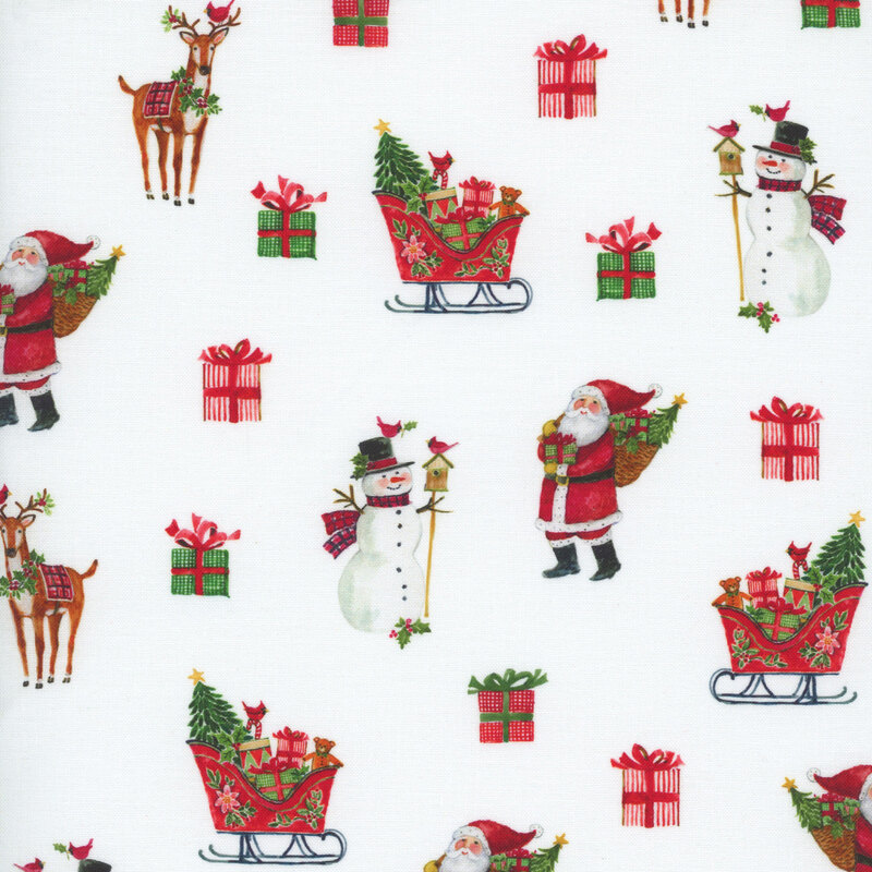 Snow white fabric tossed with a cheerful Santa Clause, a reindeer, and a sleigh filled with presents.