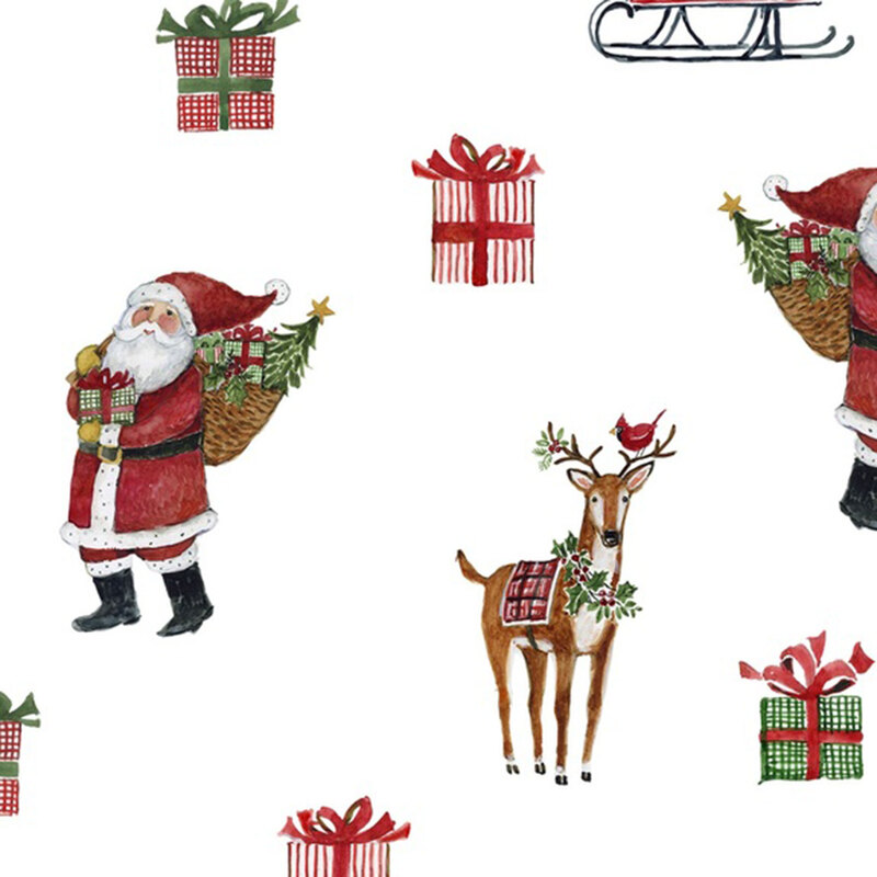 Snow white fabric tossed with a cheerful Santa Clause, a reindeer, and a sleigh filled with presents.