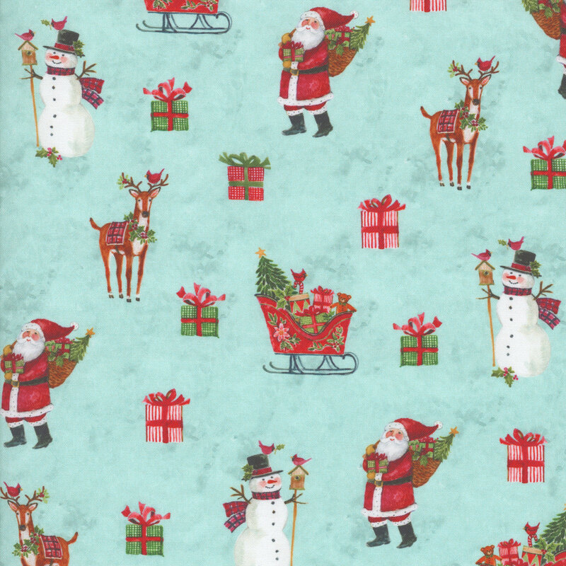 Mottled aqua fabric tossed with a cheerful Santa Clause, a snowman, a reindeer, and a sleigh filled with presents.