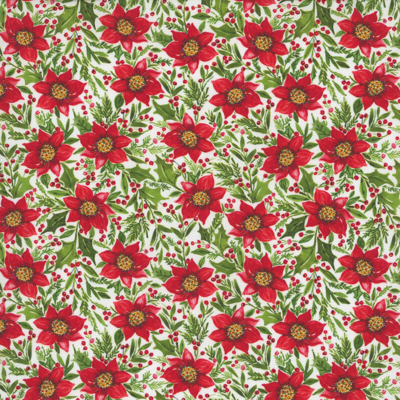 Snow white fabric featuring large red poinsettias and sprigs of holly.