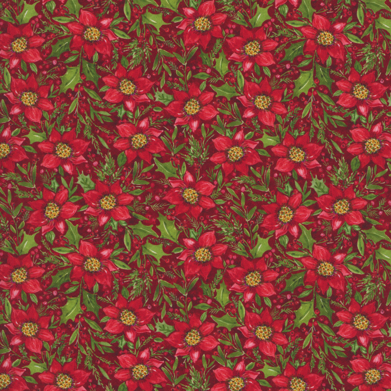 Mottled dark red fabric featuring large red poinsettias and sprigs of holly.