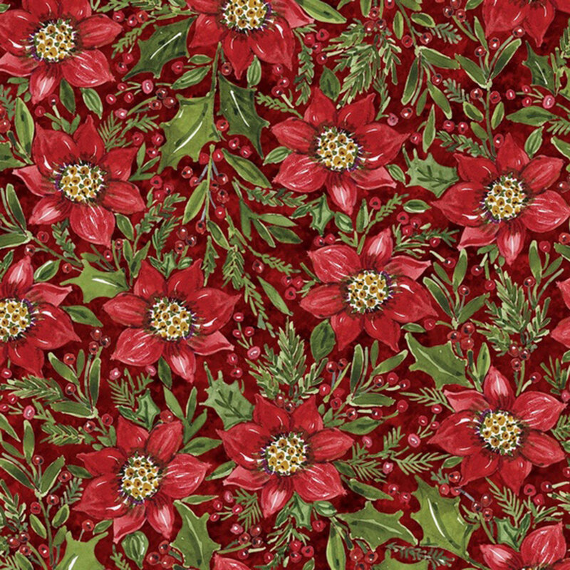 Mottled dark red fabric featuring large red poinsettias and sprigs of holly.