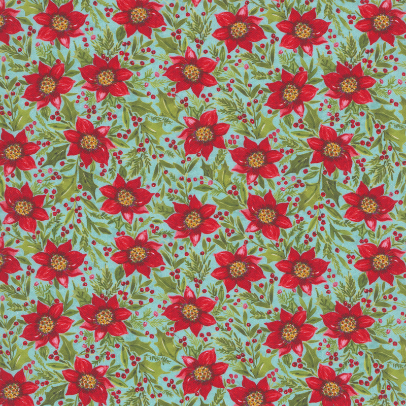 Mottled teal fabric featuring large red poinsettias and sprigs of holly.