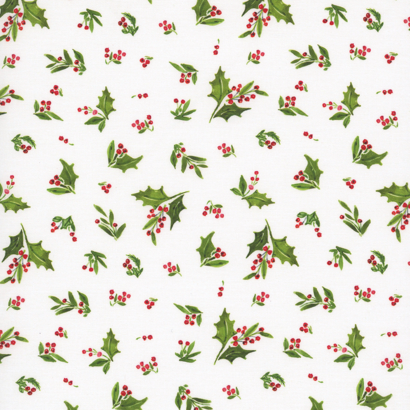 Snowy white fabric tossed with sprigs of holly.