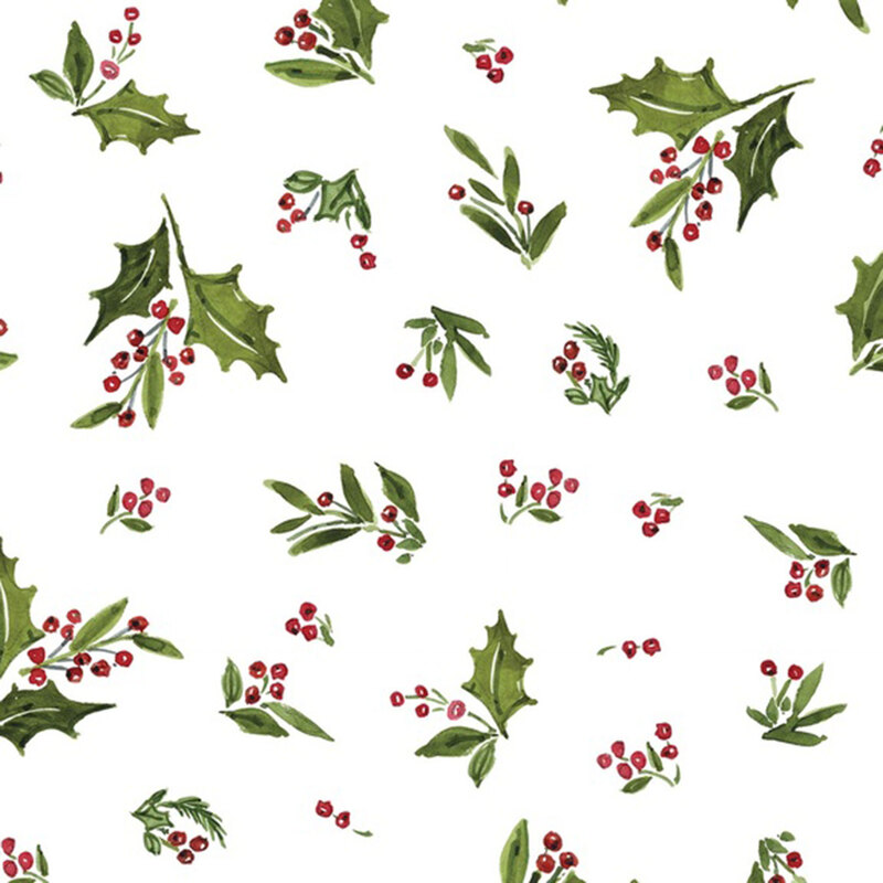 Snowy white fabric tossed with sprigs of holly.