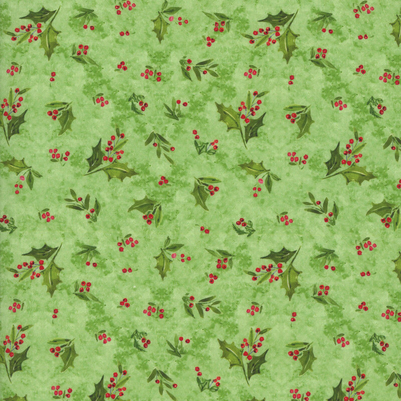 Mottled green fabric tossed with sprigs of holly.