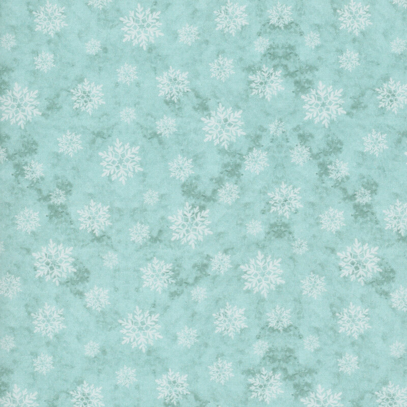 White snowflakes on a mottled aquamarine background.