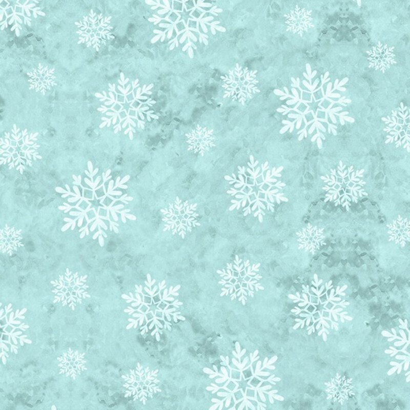 White snowflakes on a mottled aquamarine background.