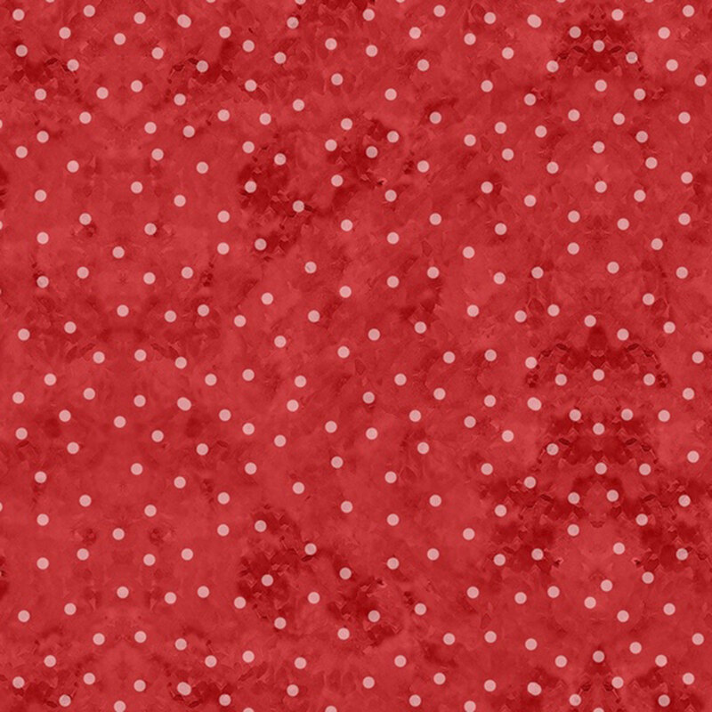 White polka dots on mottled dark red fabric.