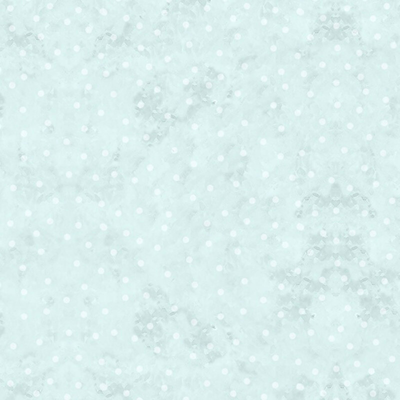 White polka dots on mottled teal fabric.