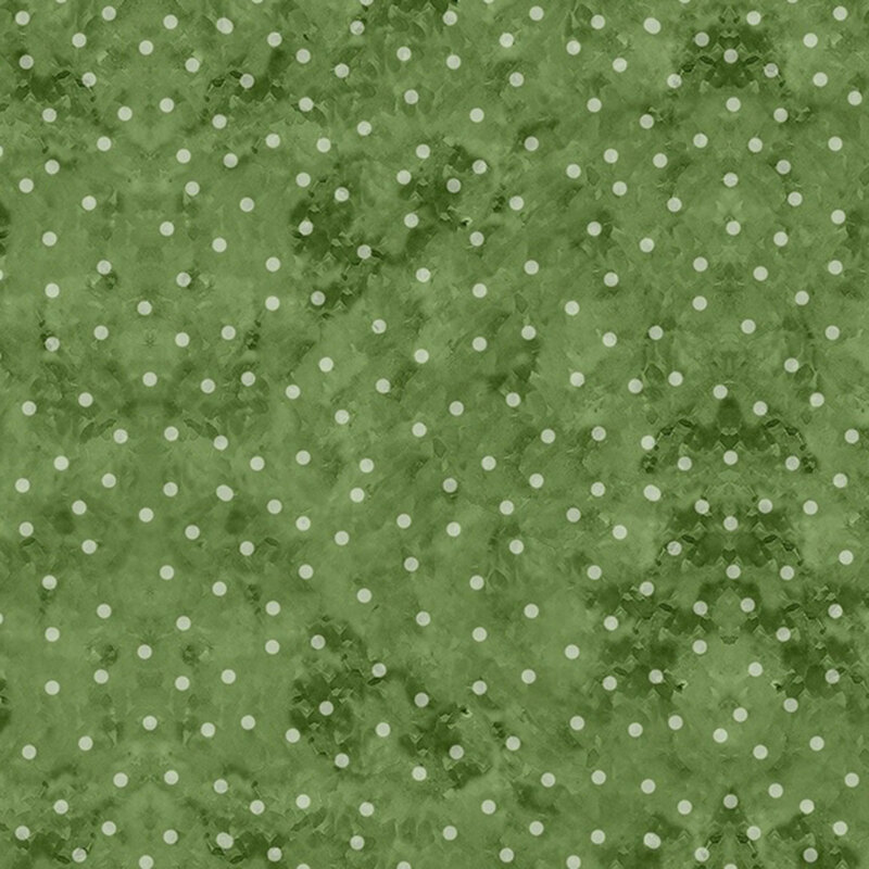 White polka dots on mottled dark green fabric.