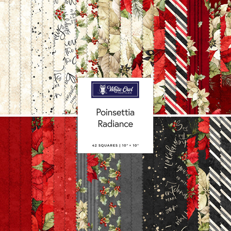 Two rows of patterned fabric swatches in cream, red, gray, and black with Christmas florals, labeled Poinsettia Radiance from White Owl Textiles.