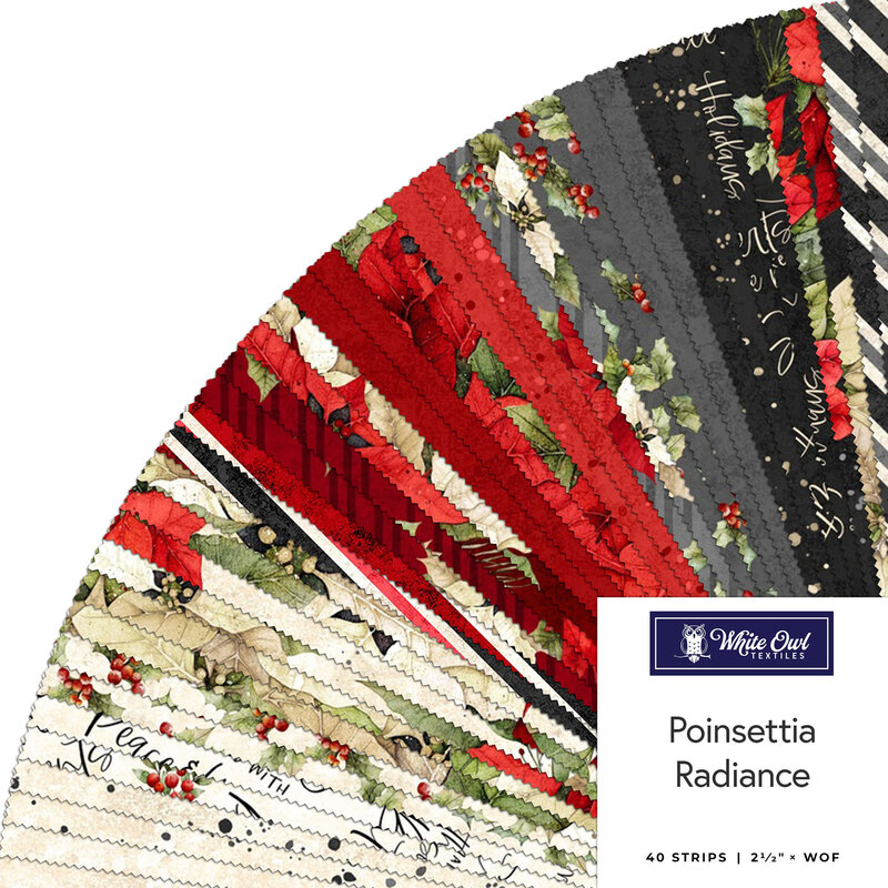 A collage of fabric strips in cream, red, gray, and black with Christmas florals in a circular display, labeled Poinsettia Radiance from White Owl Textiles.