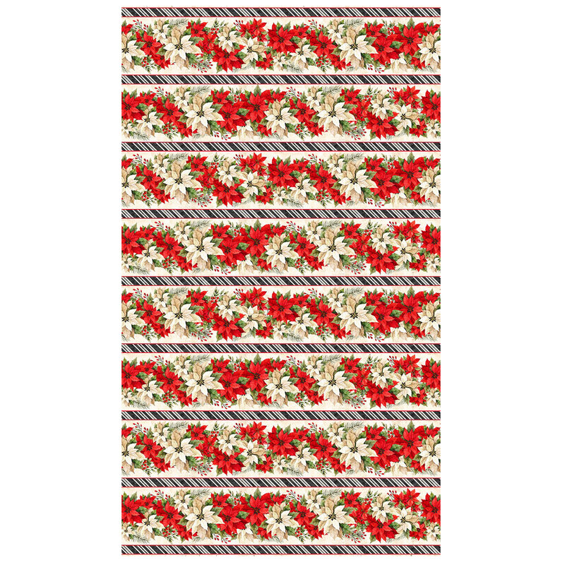 Cream border stripe fabric featuring wreaths of red and white poinsettias.