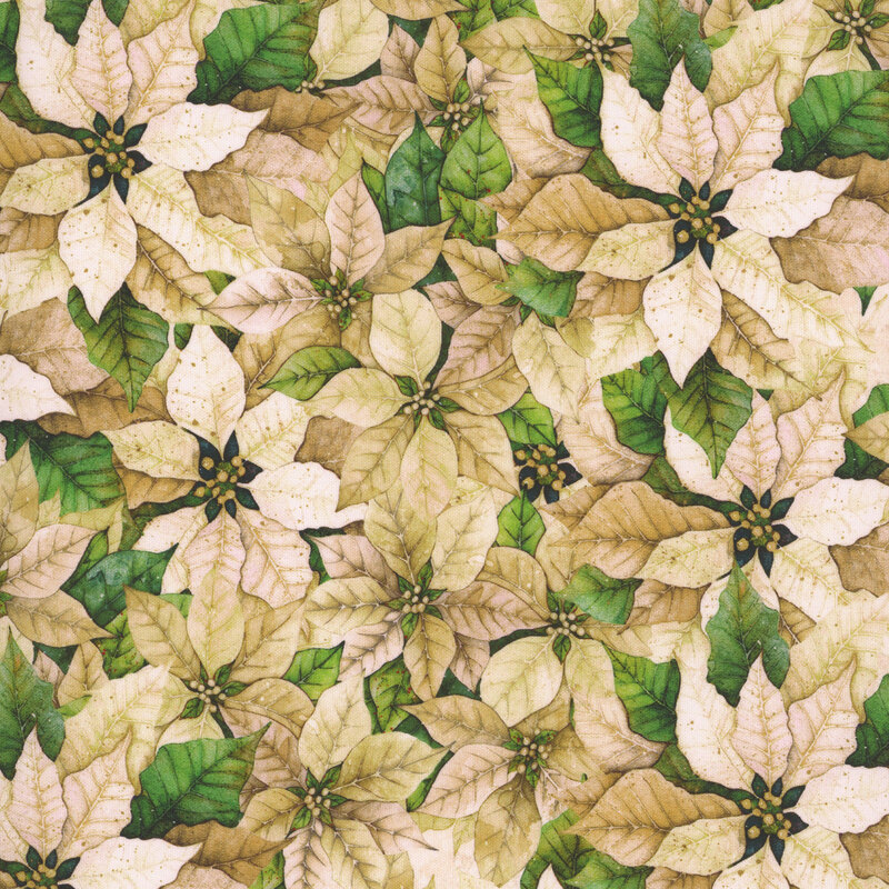 Fabric packed with white poinsettias and green leaves.