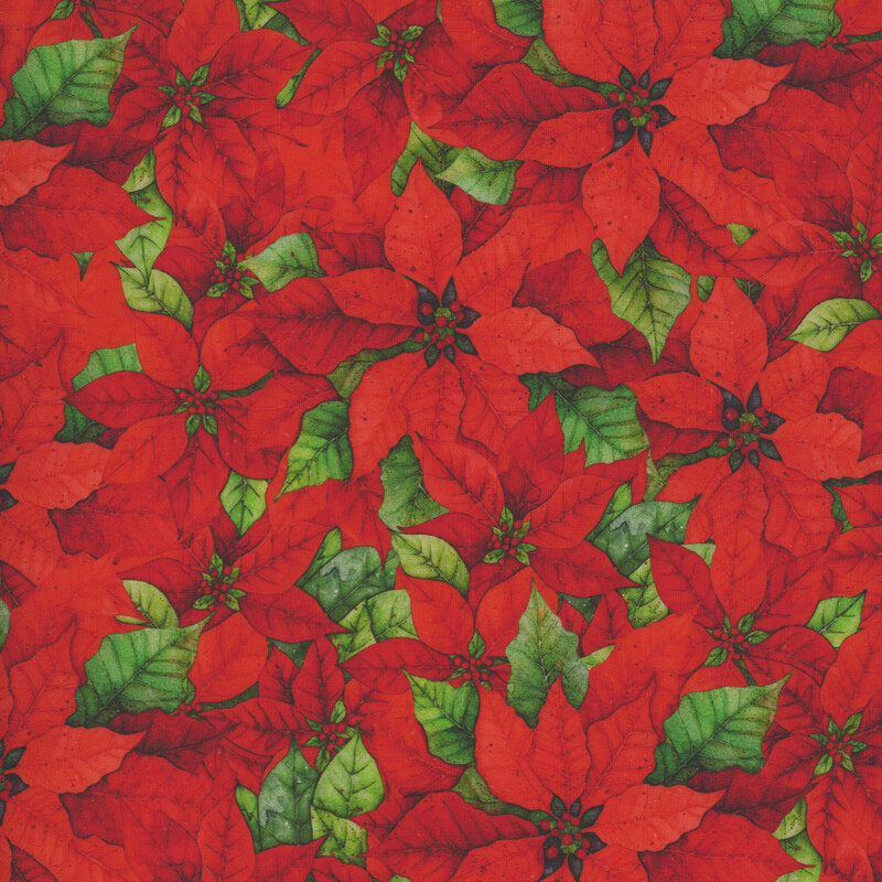 Mottled red fabric packed with large, red poinsettias and green leaves.