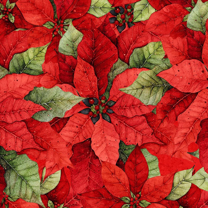 Mottled red fabric packed with large, red poinsettias and green leaves.
