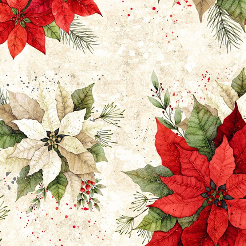 Mottled cream fabric with large bouquets of red and white poinsettias, holly, and leaves.