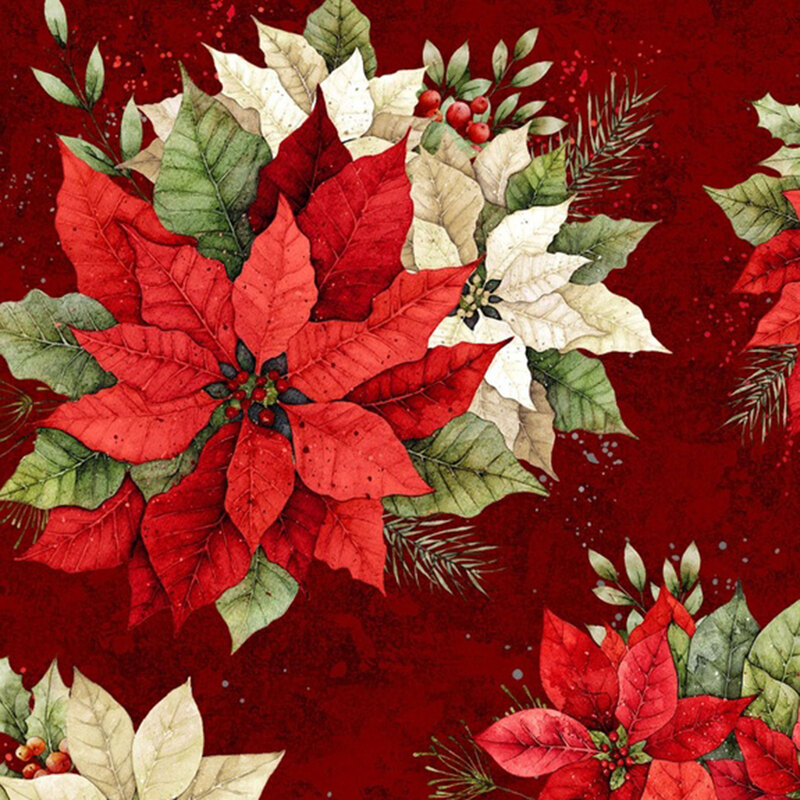 Mottled dark red fabric with large bouquets of red and white poinsettias, holly, and leaves.