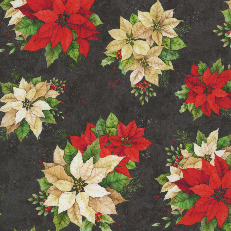 Mottled ebony fabric with large bouquets of red and white poinsettias, holly, and leaves.