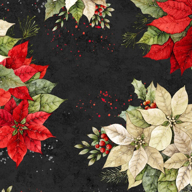 Mottled ebony fabric with large bouquets of red and white poinsettias, holly, and leaves.