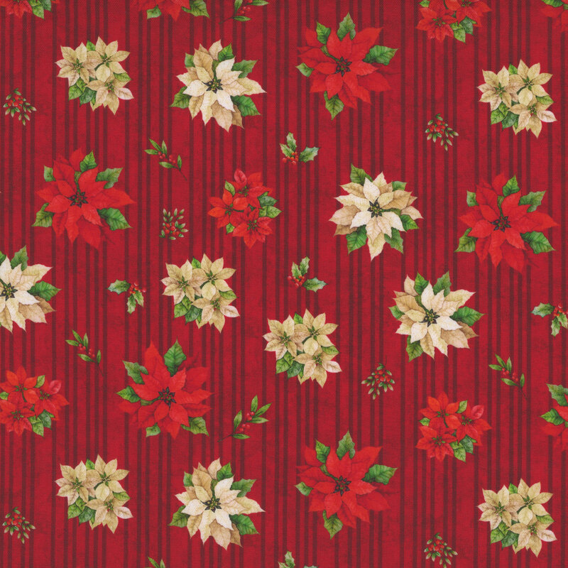 Mottled dark red fabric featuring red and white poinsettias and holly tossed on a black stripped background.