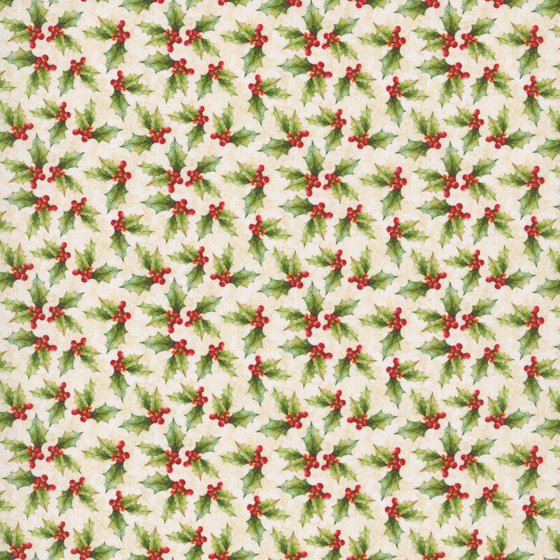 Mottled cream fabric tossed with sprigs of holly.