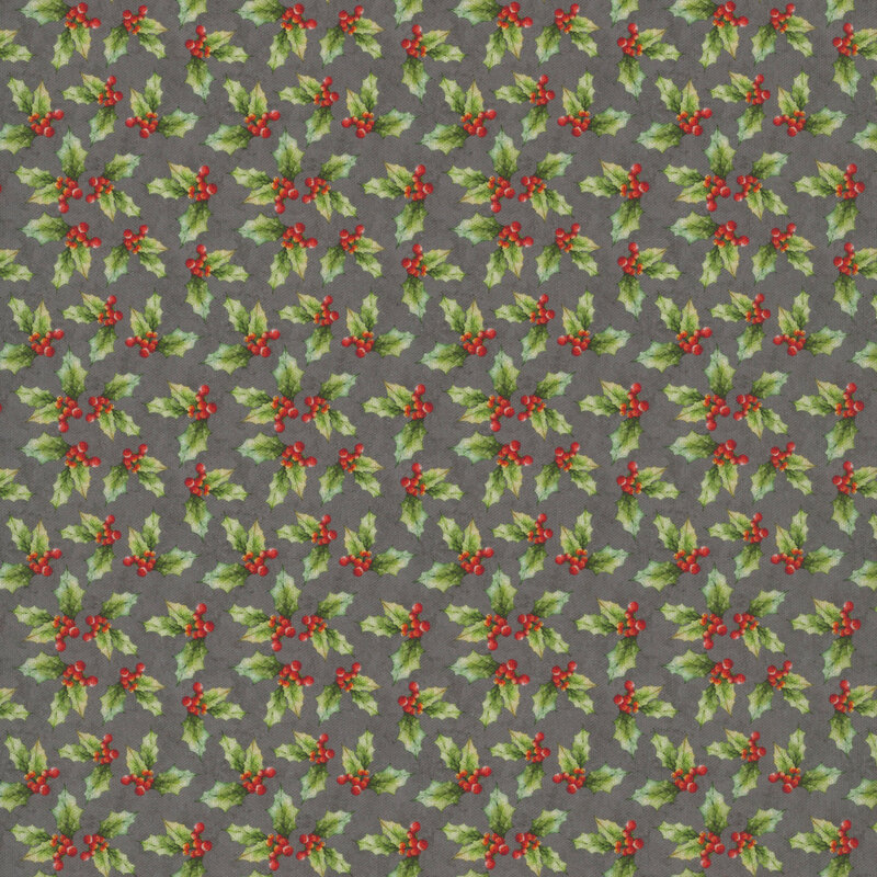 Mottled dark cool gray fabric tossed with sprigs of holly.