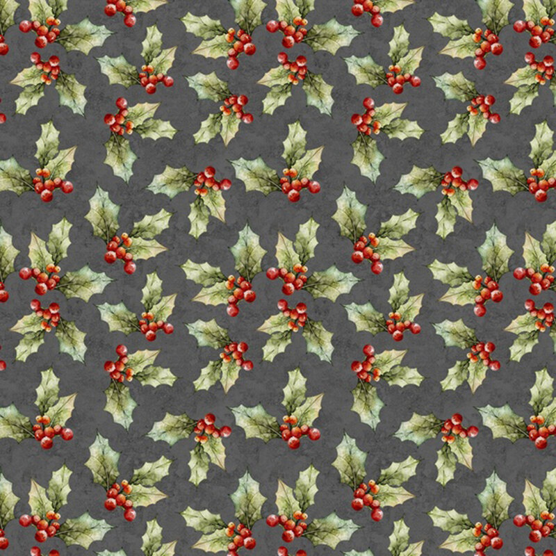 Mottled dark cool gray fabric tossed with sprigs of holly.