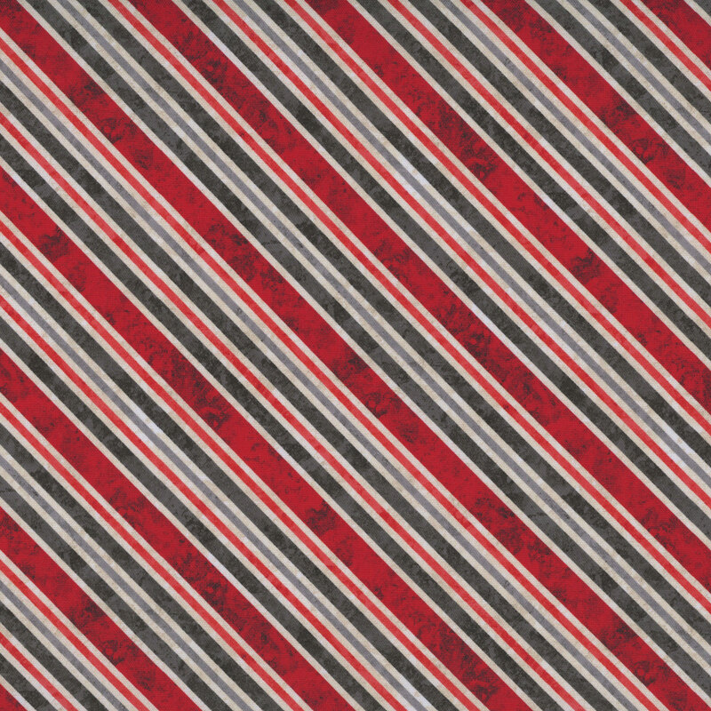 Mottled fabric with diagonal stripes in dark red, black, cool gray, and light cream.