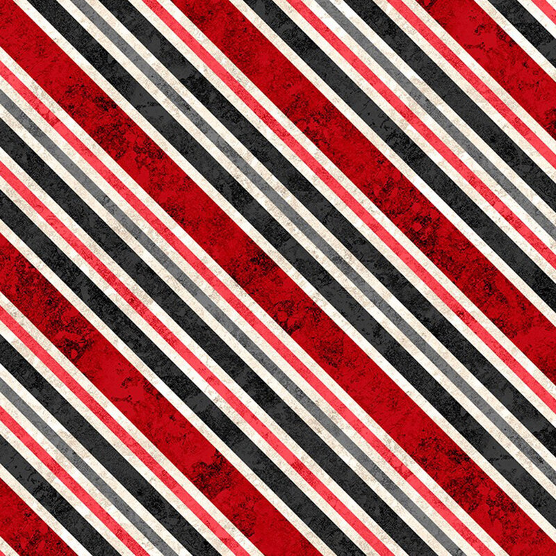 Mottled fabric with diagonal stripes in dark red, black, cool gray, and light cream.
