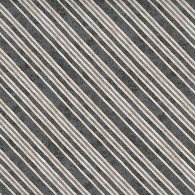 Mottled fabric with diagonal stripes in ebony, cool gray, and light cream.