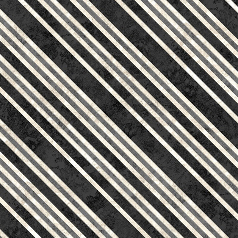 Mottled fabric with diagonal stripes in ebony, cool gray, and light cream.