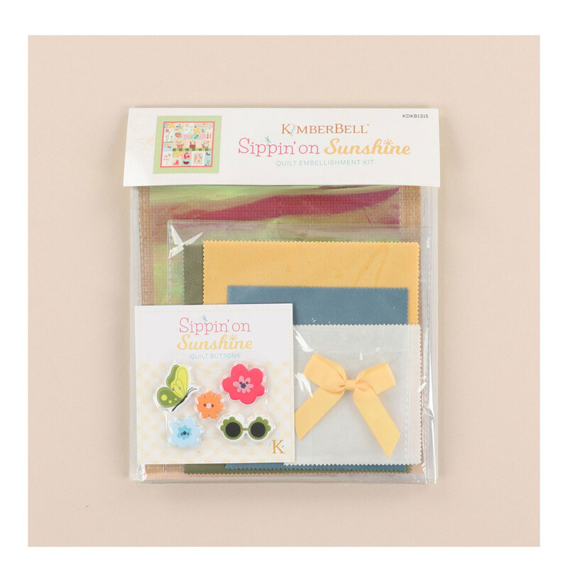 Package of sewing materials titled Sippin' on Sunshine Embellishment Kit by KimberBell, featuring colorful fabric and embellishments.