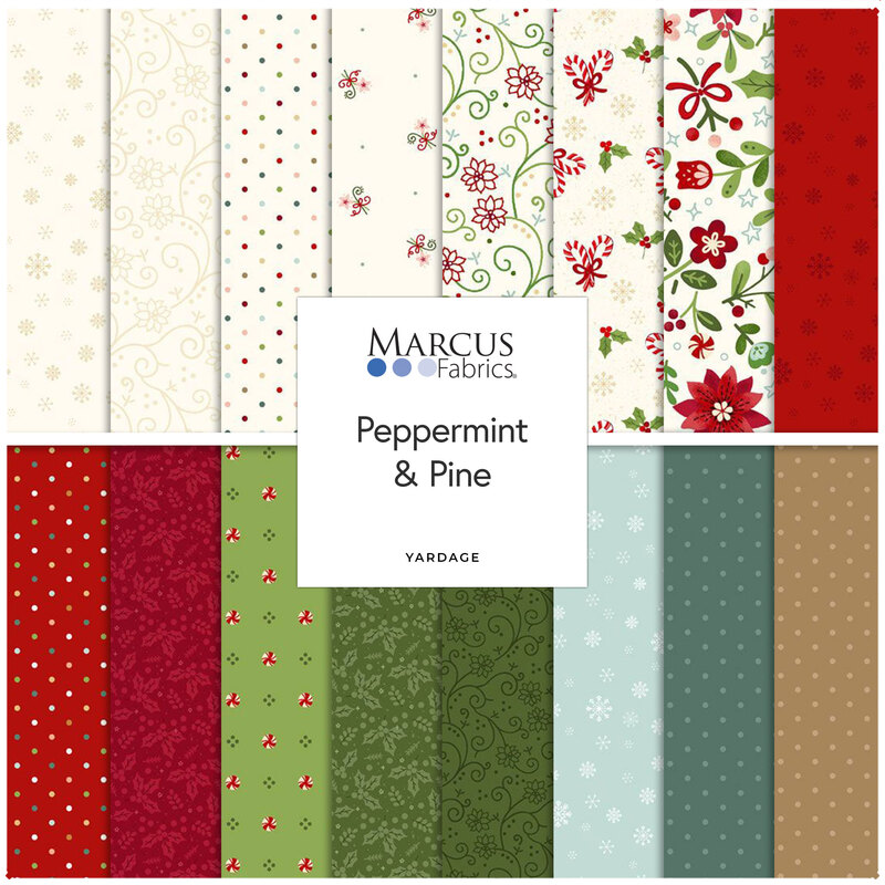 A collage of fabric patterns in red, green, and white, labeled Peppermint & Pine by Marcus Fabrics.