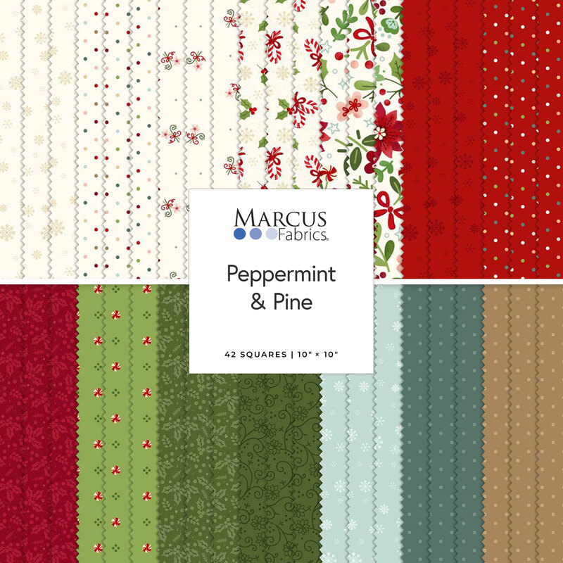 Fabric collection titled Peppermint & Pine featuring 42 colorful 10” squares in festive patterns.