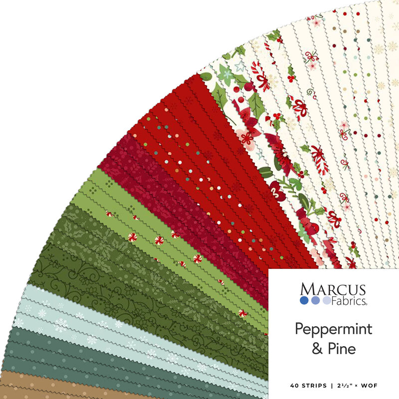 A circular arrangement of fabric strips in festive colors, labeled Peppermint & Pine by Marcus Fabrics.