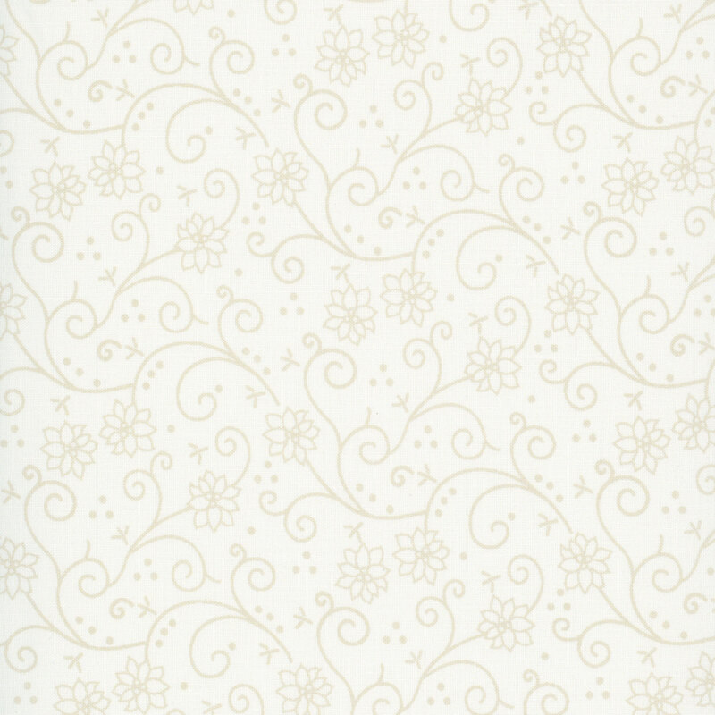 Pale cream fabric adorned with a stylized pattern of swirling tonal vines and poinsettias.