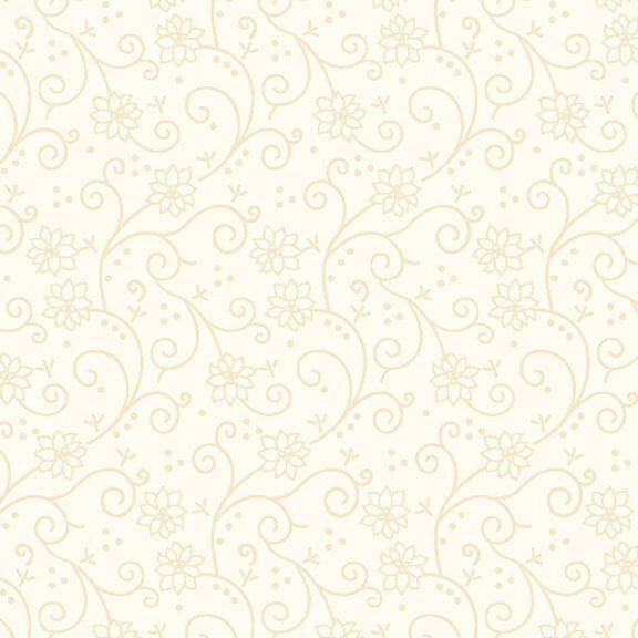 Cream fabric adorned with a stylized pattern of swirling tonal vines and poinsettias.