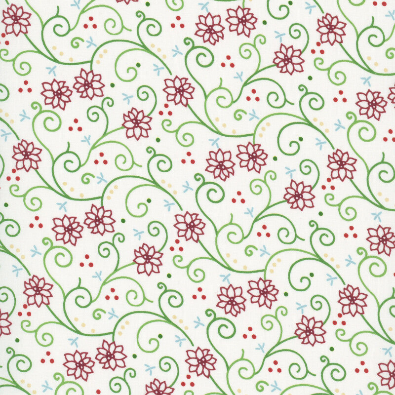 Pale ivory fabric adorned with a stylized pattern of swirling vines and red poinsettias.