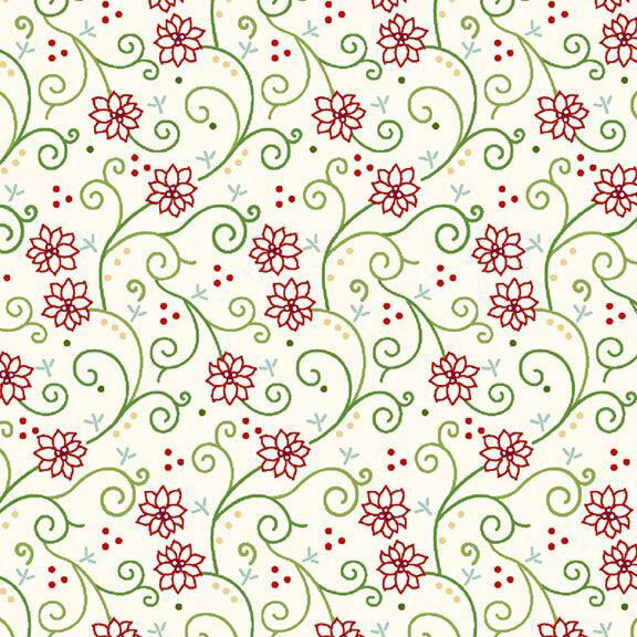 cream fabric adorned with a stylized pattern of swirling vines and red poinsettias.