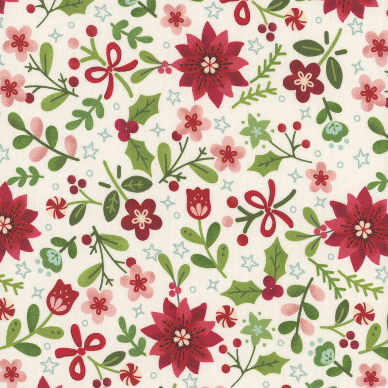 Cream fabric with a floral pattern accented by ribbons and peppermint.