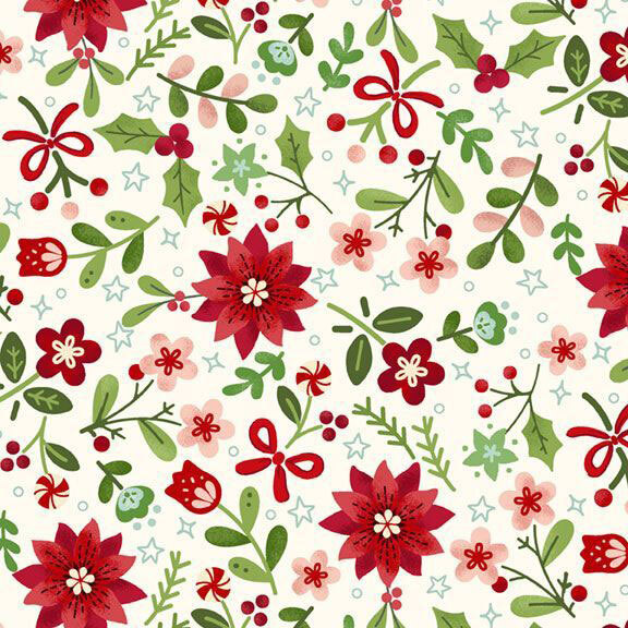 Cream fabric with a floral pattern accented by ribbons and peppermint.