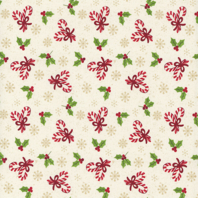 Cream fabric with holly leaves, candy canes, and snowflakes.