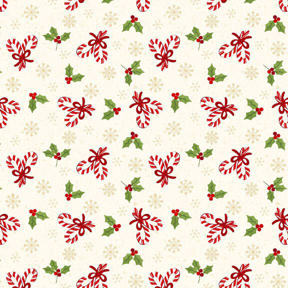 Cream fabric with holly leaves, candy canes, and snowflakes.